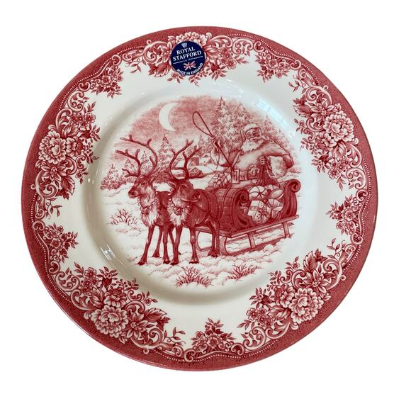 Royal Stafford Christmas SANTA'S SLEIGH RED Porcelain 8" Salad Plate Set of 4 - Picture 8 of 11